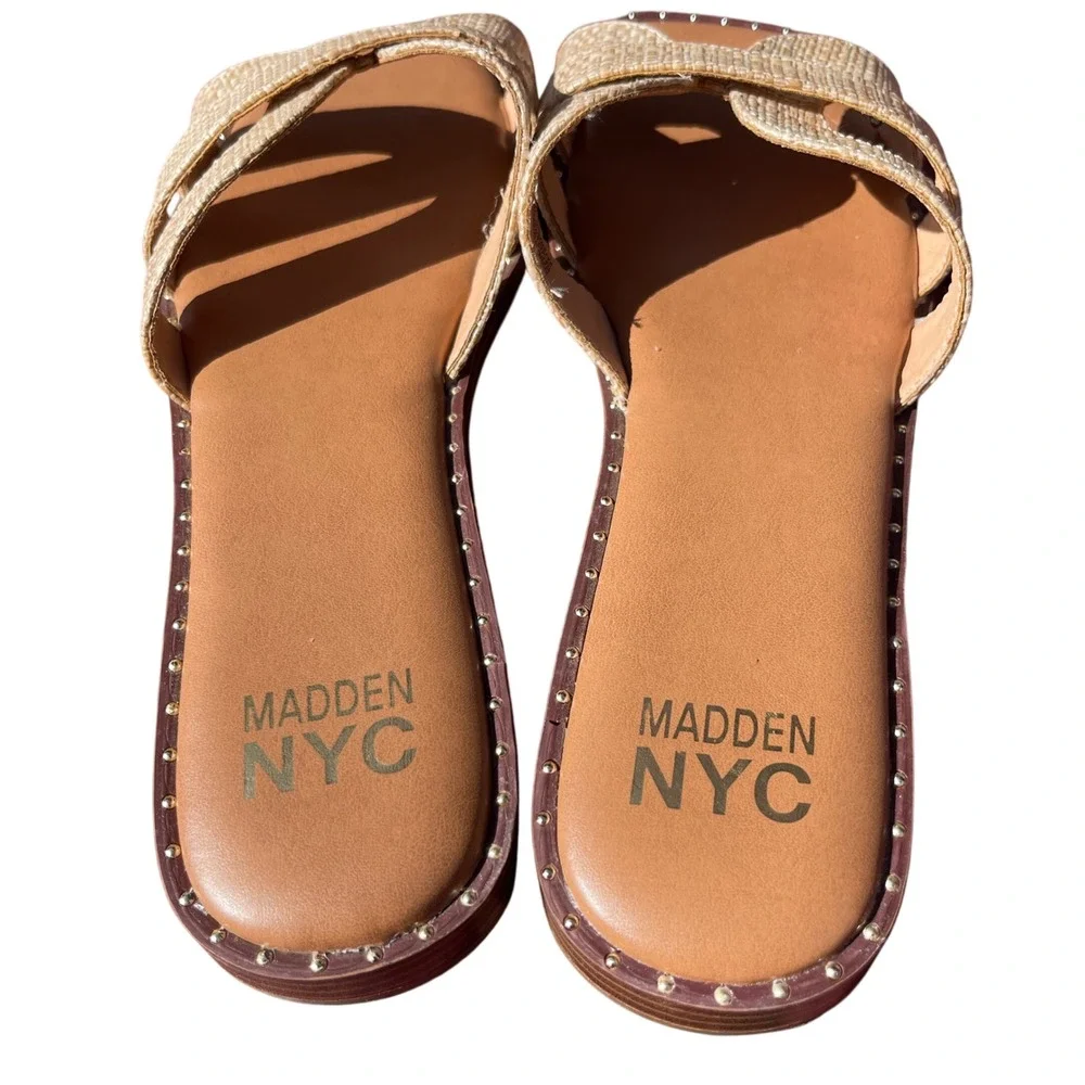 Den NYC Women's Sz 9.5 Selina H-Band Flat Slip-On Sandals Raffia/Camel - Picture 5 of 8